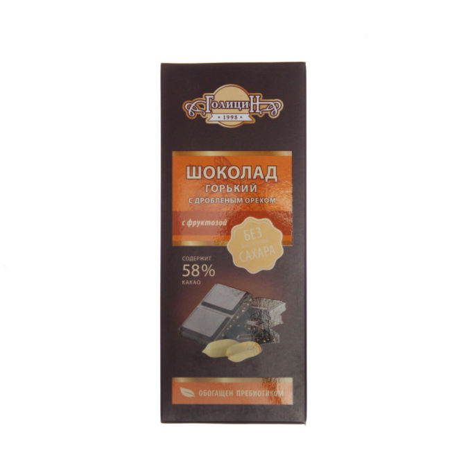 Шоколад горький 60% с дробленым орехом с фруктозой Голицин м/у 60г