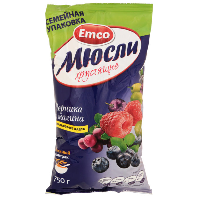 Мюсли Emco Черника и малина хрустящие, 750 г