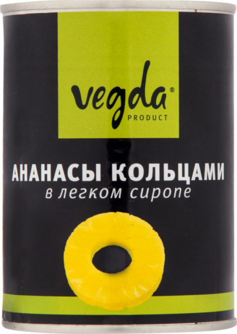 Консервы фруктовые Vegda Product Ананасы кольцами в легком сиропе, 580 мл