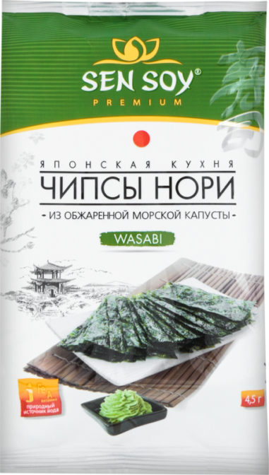 Чипсы Sen Soy Premium Нори Wasabi из обжаренной морской капусты, 4.5 г