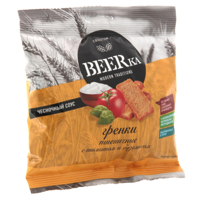 Гренки Beerka пшеничные с томатом и базиликом с чесночным соусом, 80 г