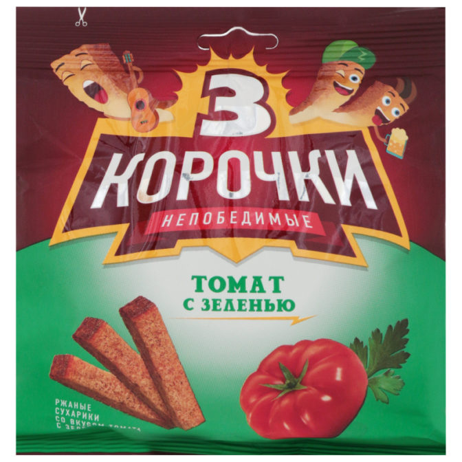 Сухарики 3 корочки Непобедимые ржаные со вкусом томата с зеленью, 100 г