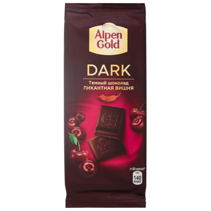 Шоколад Alpen Gold Dark темный с вишневыми кусочками со вкусом перца чили, 85 г