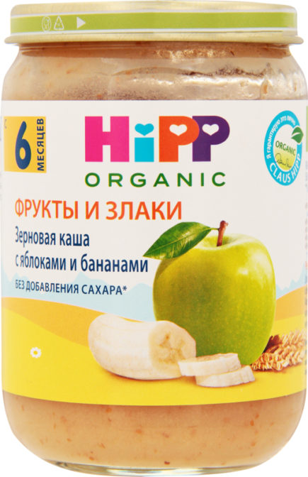 Каша для детей Hipp Organic Фрукты и злаки зерновая с яблоками и бананами от 6 месяцев, 190 г
