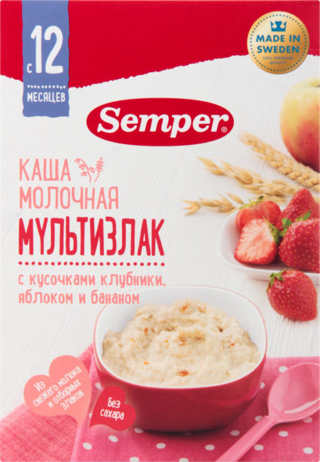Каша для детей Semper Мультизлак молочная с кусочками клубники яблоком и бананом от 12 месяцев, 200 г