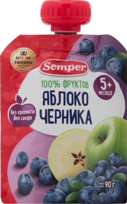 Пюре для детей Semper фруктовое яблоко и черника от 5 месяцев, 90 г