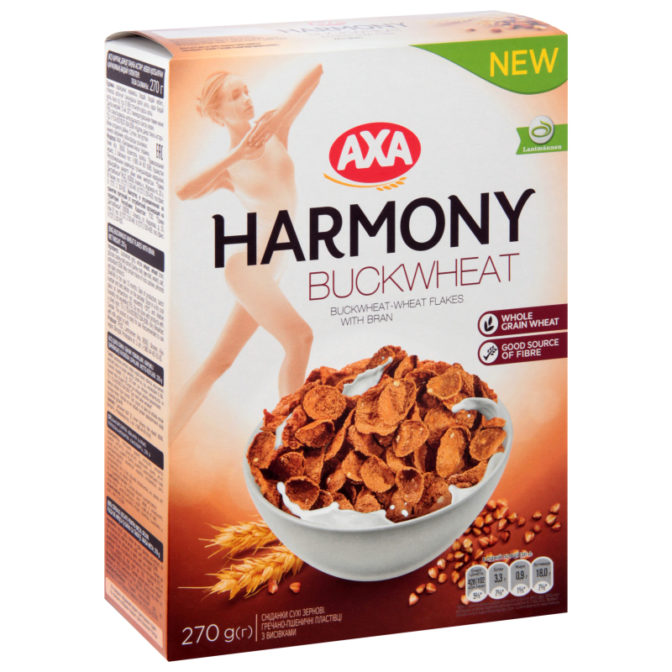 Готовый завтрак Axa Harmony Buckwheat хлопья зерновые гречнево-пшеничные с отрубями, 270 г