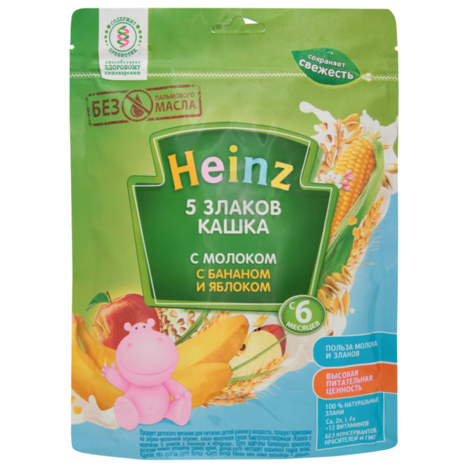 Каша для детей Heinz молочная 5 злаков с молоком с бананом и яблоком от 6 месяцев, 250 г
