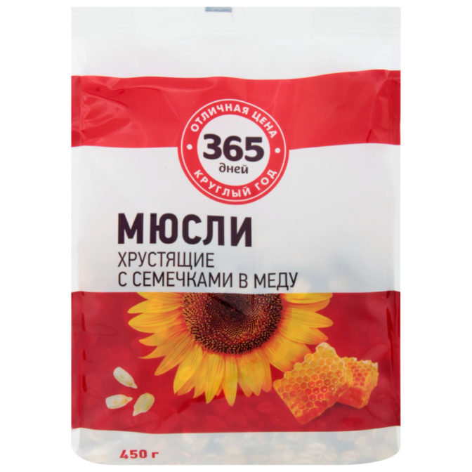 Мюсли 365 дней хрустящие с семечками в меду, 450 г