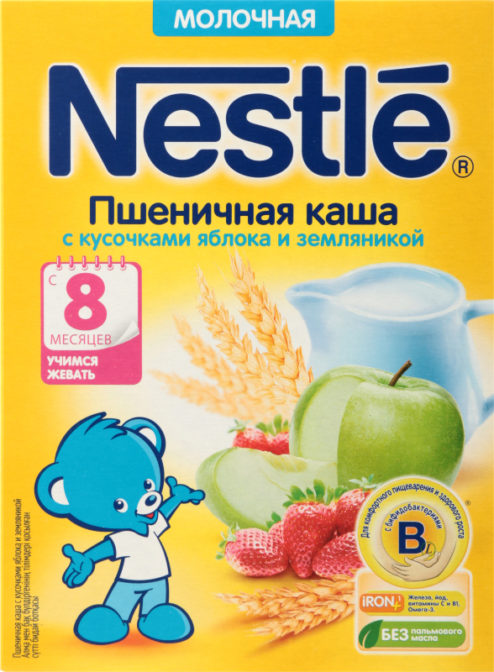 Пшеничная каша для детей Nestle молочная с кусочками яблока и земляникой, 220 г