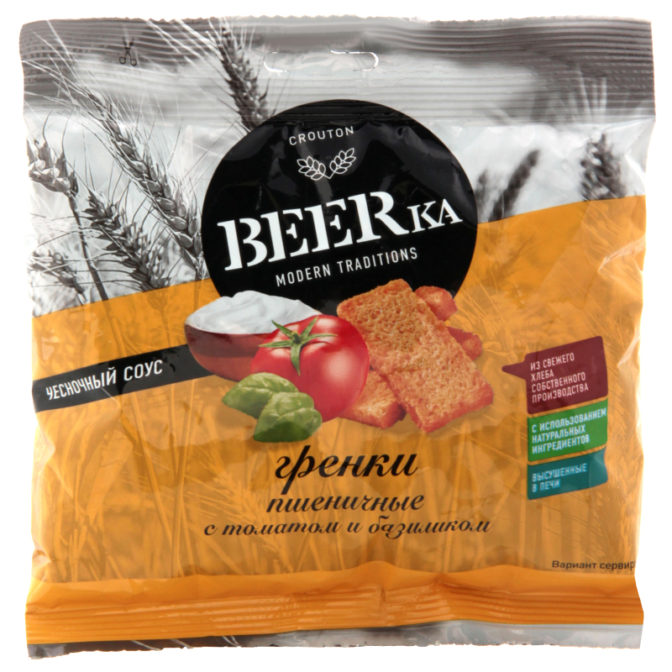Гренки Beerka пшеничные с томатом и базиликом с чесночным соусом, 80 г