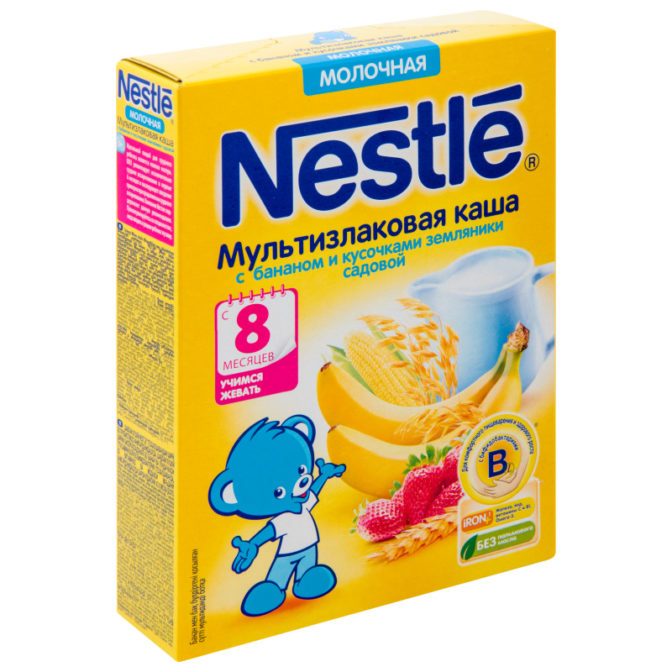 Каша для детей Nestle Мультизлаковая молочная с бананом и кусочками земляники садовой от 8 месяцев, 220 г