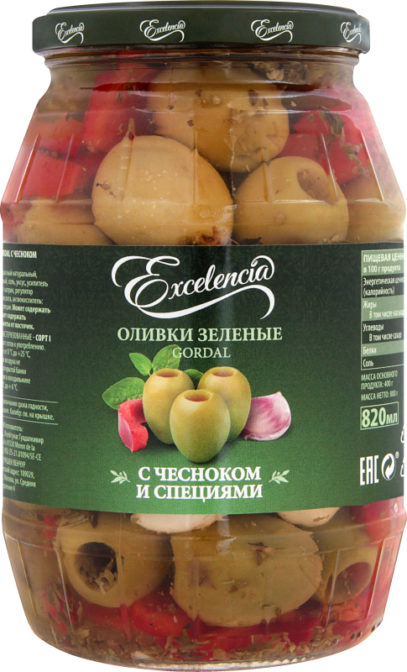 Оливки Excelencia Gordal зеленые без косточек с чесноком и специями, 820 мл