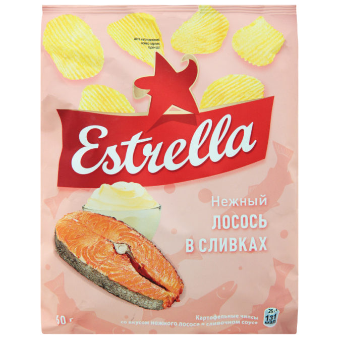 Чипсы картофельные Estrella рифленые со вкусом нежного лосося в сливочном соусе, 60 г