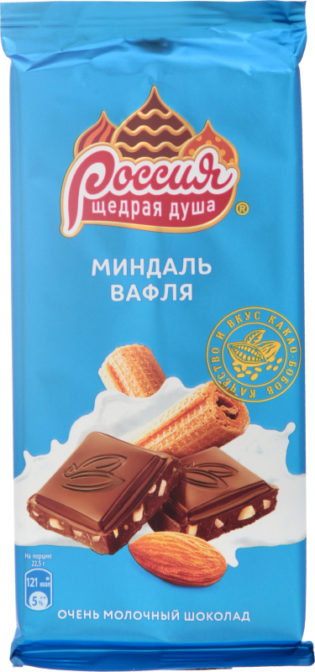 Шоколад Россия - щедрая душа молочный с миндалем и вафлей 27%, 90 г