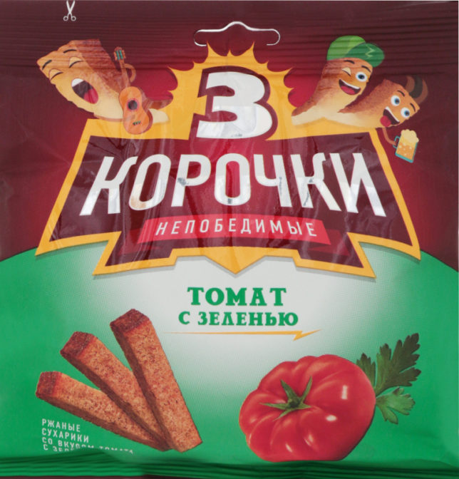 Сухарики 3 корочки Непобедимые ржаные со вкусом томата с зеленью, 100 г