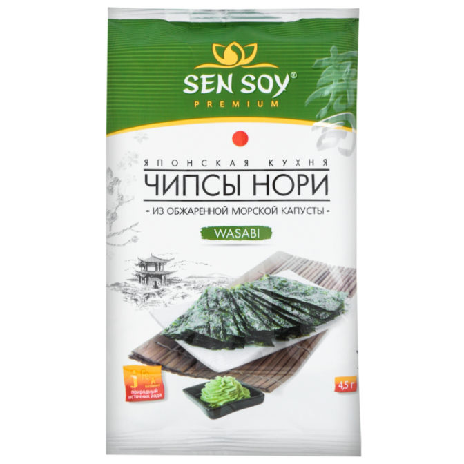 Чипсы Sen Soy Premium Нори Wasabi из обжаренной морской капусты, 4.5 г