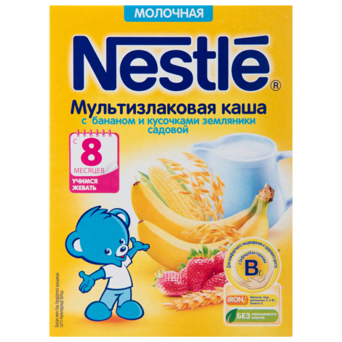 Каша для детей Nestle Мультизлаковая молочная с бананом и кусочками земляники садовой от 8 месяцев, 220 г