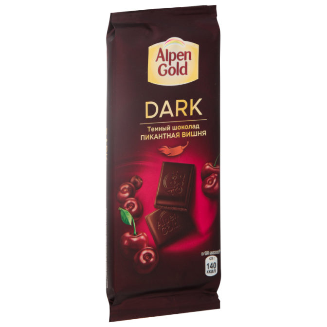 Шоколад Alpen Gold Dark темный с вишневыми кусочками со вкусом перца чили, 85 г