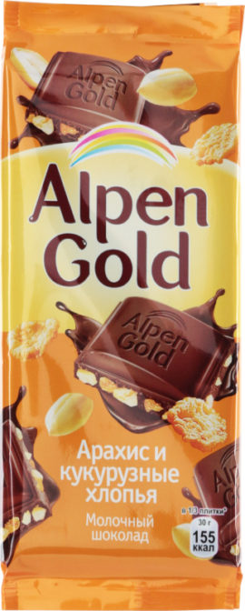 Шоколад Alpen Gold молочный с арахисом и кукурузными хлопьями, 90 г
